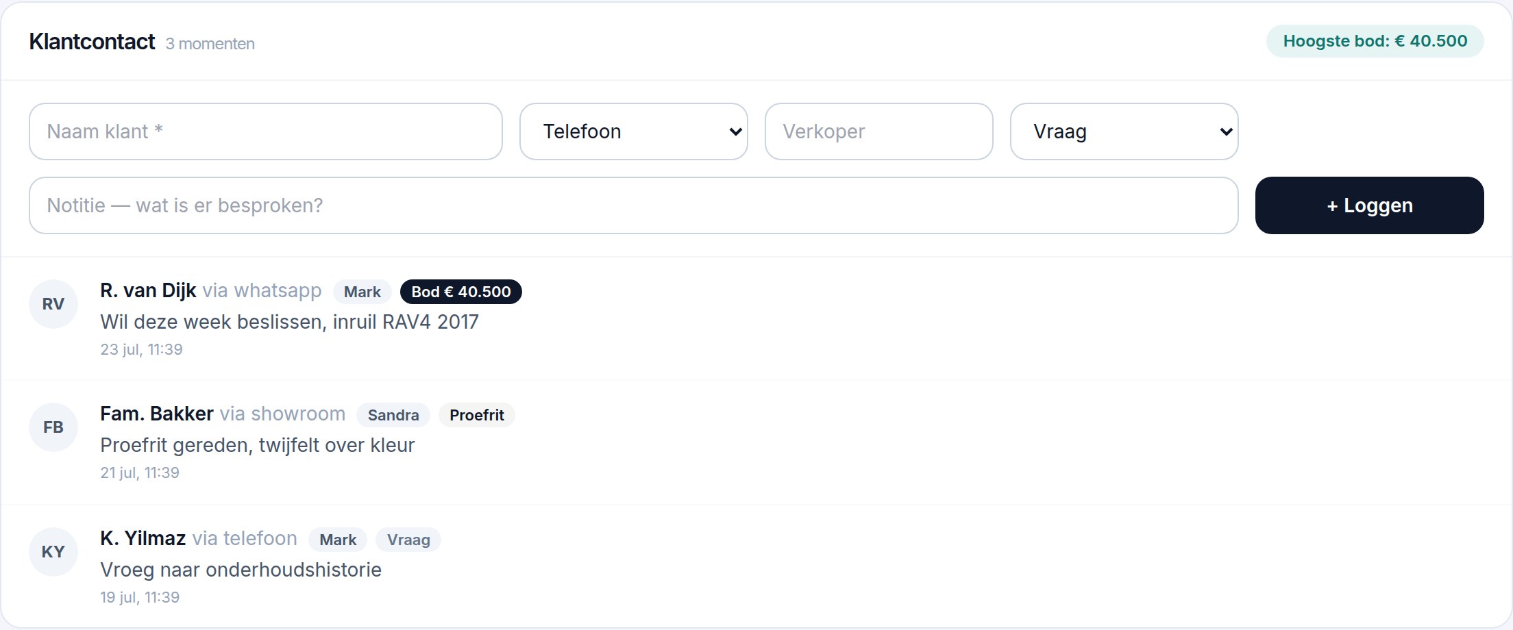 Het klantcontact-log met biedingen, proefritten en verkopers