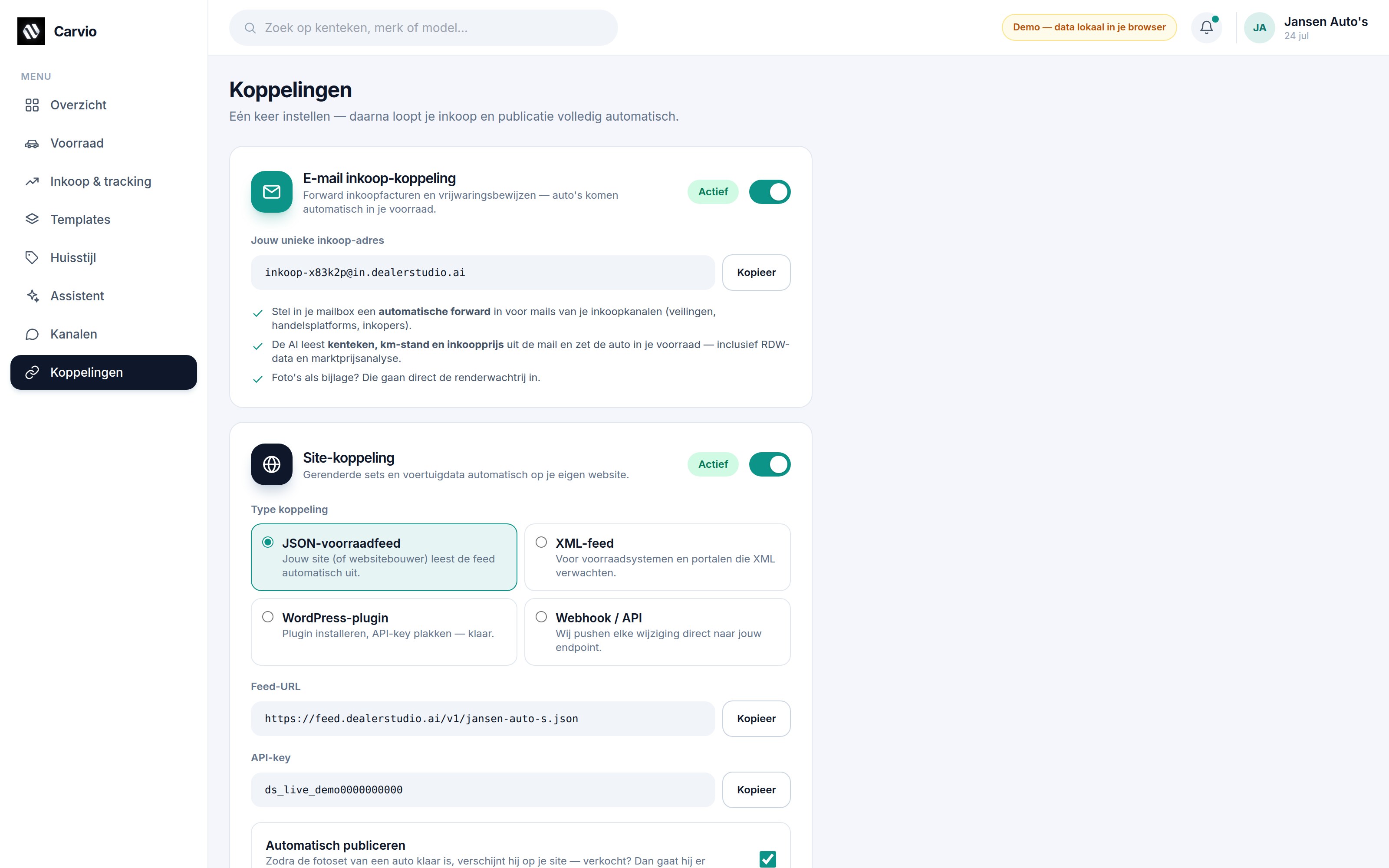 De koppelingenpagina met e-mail-inkoop en site-koppeling